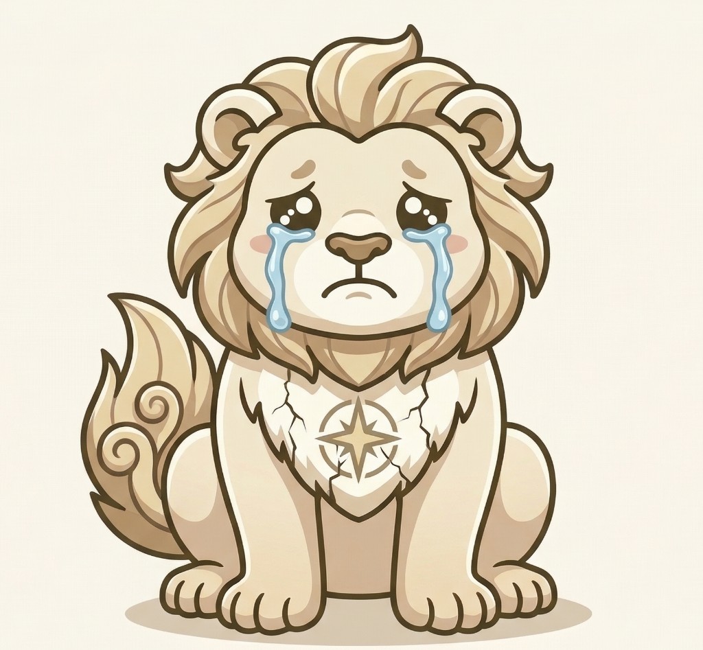 Cartoon lion cub crying, cracked shield emblem: fragile monitor without full vulnerability knowledge